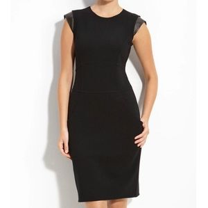 LAFAYETTE 148 NY Black Wool Sheath Dress w/ Leather Detail Size 2